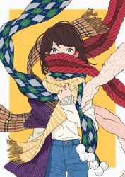 Rule 34 | 1girl, argyle, argyle clothes, argyle scarf, arm at side, bad id, bad pixiv id, blush, brown hair, brown scarf, commentary request, covered mouth, cowboy shot, denim, ear blush, hair behind ear, highres, iqu19, jeans, long sleeves, looking at viewer, nib pen (medium), original, pants, plaid, plaid scarf, pom pom (clothes), purple scarf, red scarf, scarf, scarf over mouth, sleeves past wrists, solo, sweater, swept bangs, too many, traditional media, white scarf, white sweater, yellow background