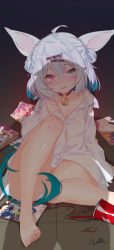 Rule 34 | 1girl, a-ton, animal ears, aqua eyes, bare legs, barefoot, bell, blue hair, cat ears, cat tail, choker, cup, disposable cup, dress shirt, drinking straw, hair ornament, hairclip, heterochromia, highres, jingle bell, light blue hair, long sleeves, looking at viewer, magazine (object), multicolored hair, naked shirt, neck bell, off shoulder, original, pink eyes, pornography, shadow, shirt, short hair, sleeves past wrists, spill, tail, tearing up, tears, two-tone hair, white shirt