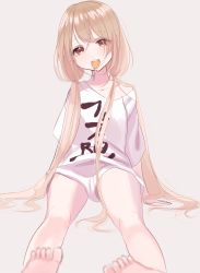 Rule 34 | 1girl, bad id, bad pixiv id, brown eyes, candy, clothes writing, food, food in mouth, futaba anzu, grey background, highres, idolmaster, idolmaster cinderella girls, light brown hair, lollipop, long hair, looking at viewer, low twintails, misumi (macaroni), no pants, shirt, sitting, solo, twintails, white shirt, you work you lose