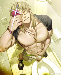 Rule 34 | 1boy, abs, absurdres, bara, bare pectorals, bdsm, bespectacled, bondage, bound, brown hair, bulge, chiizu namasu, chiron (fate), clothes lift, clothes pull, clothing aside, erection, erection under clothes, fate/apocrypha, fate/grand order, fate (series), from above, full body, glasses, highres, large pectorals, long hair, looking at viewer, male focus, male masturbation, male underwear, masturbation, masturbation through clothes, muscular, muscular male, necklace between pecs, nipples, paid reward available, pants, pants pull, pectorals, precum, seductive smile, see-through, selfie, shirt behind neck, shirt lift, smile, solo, standing, stomach, thick eyebrows, underwear, wet, wet clothes, wet male underwear, white male underwear