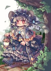 Rule 34 | 1girl, adapted costume, animal, animal ears, black dress, blue capelet, blush, boots, capelet, closed mouth, dowsing rod, dress, frilled dress, frills, full body, grey footwear, grey hair, holding, holding lantern, lantern, long sleeves, mame komari, mouse (animal), mouse ears, mouse tail, nazrin, red eyes, short hair, smile, solo, tail, thick eyebrows, touhou, tree
