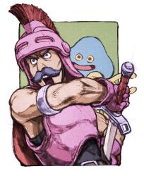Rule 34 | 1boy, border, commentary request, dragon quest, dragon quest iv, facial hair, green background, helmet, highres, holding, holding sword, holding weapon, iwamoto tatsurou, male focus, mature male, muscular, muscular male, mustache, open mouth, outside border, pink helmet, ryan (dq4), simple background, slime (dragon quest), solo, sword, upper body, v-shaped eyebrows, weapon, white border