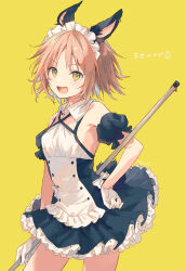 Rule 34 | 1girl, :d, animal ears, bad id, bad pixiv id, blush, bow, broom, bunny&#039;s quest, detached sleeves, frills, gloves, hand on own hip, highres, holding, holding broom, konayama kata, light brown hair, maid, maid headdress, open mouth, orange eyes, puffy detached sleeves, puffy sleeves, rabbit ears, rabbit girl, rabbit tail, short hair, signature, simple background, smile, solo, tail, white bow, white gloves, yellow background