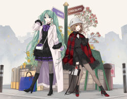 Rule 34 | 2girls, aqua eyes, aqua hair, bag, belt, black dress, black footwear, blunt bangs, blush, bob cut, boots, box, brown eyes, brown hair, capelet, cityscape, coat, commentary request, crossover, dress, eating, english text, flower, food, frilled dress, frilled sleeves, frills, fruit, fur-trimmed capelet, fur trim, glico, hand in own hair, hand up, handbag, hatsune miku, high heels, highres, holding, holding bag, holding box, holding food, holding pocky, ixima, knee boots, layered dress, lico (glico), light blush, light smile, lipstick, long hair, looking at viewer, makeup, multiple girls, neck ribbon, outdoors, pantyhose, partial commentary, pink coat, plaid capelet, plant, pocky, purple ribbon, red footwear, ribbon, road, shopping bag, short hair, sign, signpost, strawberry, street, twintails, urban, very long hair, vocaloid