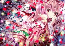 Rule 34 | 1girl, bare shoulders, blush, closed mouth, commentary request, floral print, flower, hair between eyes, hand up, japanese clothes, kimono, long hair, long sleeves, looking at viewer, looking to the side, nanase nao, off shoulder, original, petals, pink hair, pink kimono, print kimono, red eyes, solo, very long hair, white flower, wide sleeves