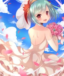Rule 34 | 1girl, alternate costume, back, bare shoulders, blue eyes, blush, bouquet, cloud, day, dragon horns, dress, elbow gloves, flower, from behind, gloves, heart, heart-shaped pupils, highres, horns, looking at viewer, looking back, open mouth, petals, puzzle &amp; dragons, red eyes, rose, rushin, saria (p&amp;d), short hair, solo, symbol-shaped pupils, wedding dress
