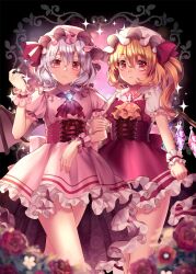 Rule 34 | 2girls, ascot, bat wings, black background, blonde hair, blurry, blurry foreground, blush, brooch, closed mouth, corset, crystal, dark background, depth of field, dress, expressionless, feet out of frame, flandre scarlet, flat chest, flower, glint, glowing, grey hair, hair between eyes, hat, highres, jewelry, looking at viewer, mob cap, momoyama riyo, multiple girls, one side up, petticoat, pink dress, pink eyes, plant, puffy short sleeves, puffy sleeves, red dress, red flower, red rose, remilia scarlet, rose, short hair, short hair with long locks, short sleeves, siblings, simple background, sisters, sparkle, standing, thorns, touhou, vines, wings, wrist cuffs, yellow ascot