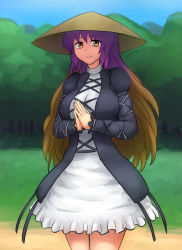 Rule 34 | 1girl, ajirogasa, black dress, blonde hair, blue sky, breasts, brown hair, cowboy shot, day, dress, forest, frilled dress, frills, gradient hair, grass, hat, hijiri byakuren, jadf, juliet sleeves, large breasts, layered dress, long sleeves, looking at viewer, multicolored hair, nature, own hands clasped, own hands together, path, puffy sleeves, purple hair, road, sky, smile, solo, touhou, tree, turtleneck, white dress