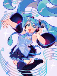 Rule 34 | 1girl, :d, aqua eyes, aqua hair, aqua necktie, bare shoulders, beamed eighth notes, black footwear, black sleeves, blue eyes, blue hair, blush, boots, bright pupils, collared shirt, constellor, detached sleeves, eighth note, grey shirt, hair between eyes, hair ornament, hand on own ear, hatsune miku, headphones, headset, highres, long hair, looking at viewer, miku day, musical note, necktie, open mouth, outstretched arm, pleated skirt, purple background, shirt, skirt, sleeveless, sleeveless shirt, smile, solo, sparkle, standing, standing on one leg, star (symbol), teeth, thigh boots, thighhighs, twintails, twitter username, upper teeth only, very long hair, vocaloid, white pupils