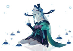 Rule 34 | 1girl, absurdres, aoandon, bad id, bad pixiv id, black gloves, blue eyes, blue lips, blunt bangs, candle, elbow gloves, gloves, hair ornament, highres, holding, holding candle, long hair, looking at viewer, nail polish, onmyoji, pale skin, sitting, solo, very long hair, white hair, yunguigui