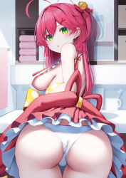Rule 34 | 1girl, absurdres, ahoge, ass, bare shoulders, bell, breasts, commentary request, cup, double-parted bangs, frilled skirt, frills, from behind, green eyes, hair bell, hair between eyes, hair ornament, highres, hololive, indoors, long hair, looking at viewer, looking back, medium breasts, mug, nyan (reinyan 007), one side up, paid reward available, panties, pink hair, pink skirt, sakura miko, sakura miko (1st costume), sideboob, sideless outfit, skirt, solo, thigh gap, thighs, toothbrush, underwear, virtual youtuber, white panties, x hair ornament