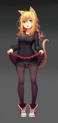 Rule 34 | 1girl, :3, :d, absurdres, ahoge, animal ears, aqua eyes, black pantyhose, blonde hair, blush, cameltoe, cardigan, cat ears, cat tail, clothes lift, collarbone, fang, flipped hair, full body, gradient background, grey background, hair between eyes, highres, legs apart, lifted by self, long hair, long sleeves, looking at viewer, open mouth, original, panties, panties under pantyhose, pantyhose, pink lips, red footwear, red skirt, shoes, skirt, skirt lift, smile, sneakers, socks, socks over pantyhose, solo, sonikey0 0, standing, star (symbol), star print, tail, thighband pantyhose, underwear, upskirt
