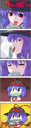 Rule 34 | 1girl, biting, blush, candy, clenched teeth, eating, ebizome, female focus, food, hat, highres, licking, lollipop, long image, mouth hold, nagae iku, purple hair, red eyes, saliva, sexually suggestive, shawl, short hair, solo, swirl lollipop, tall image, teeth, tongue, touhou