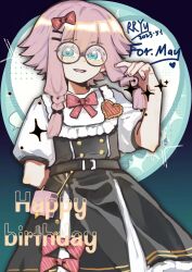Rule 34 | 1girl, alternate costume, arknights, artist name, belt, black-framed eyewear, black dress, blue eyes, bow, braid, character name, dated, dress, glasses, hair bow, happy birthday, heart, highres, may (arknights), pink bow, pink hair, pink nails, red bow, round eyewear, rryy, short hair with long locks, sidelocks, twin braids