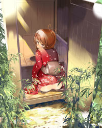 Rule 34 | 1girl, ass, bad id, bad pixiv id, blush, bottomless, brown eyes, brown hair, embarrassed, from behind, hair ribbon, hanpen, japanese clothes, kimono, long hair, looking at viewer, looking back, no panties, original, outhouse, pee, peeing, ponytail, ribbon, solo, squatting, syojia, you&#039;re doing it wrong