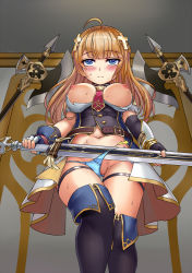 Rule 34 | 1girl, 463 jun, axe, belt, between breasts, black thighhighs, blonde hair, blue eyes, blush, breasts, breasts out, brown belt, carol (iron saga), closed mouth, commentary request, cross hair ornament, fingerless gloves, gloves, hair ornament, highres, holding, holding sword, holding weapon, iron saga, long hair, medium breasts, navel, necktie, necktie between breasts, nipples, no pants, panties, solo, standing, sweat, sword, thigh strap, thighhighs, torn clothes, torn panties, underwear, weapon