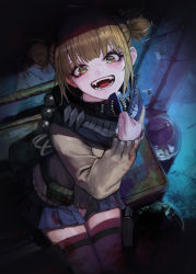 Rule 34 | 1girl, :d, absurdres, between legs, blonde hair, blood, blood on clothes, blue skirt, boku no hero academia, brown eyes, brown sweater, double bun, fangs, from above, hand between legs, highres, holster, indoors, long sleeves, looking at viewer, miniskirt, open mouth, pleated skirt, school swimsuit, short hair, skirt, smile, solo, standing, sweater, swimsuit, thigh holster, toga himiko, tunamayo (dsasd751)