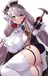 Rule 34 | 1girl, aquila (azur lane), ass, ass focus, azur lane, black gloves, blush, breasts, closed mouth, gloves, green eyes, hat, highres, huge ass, italian flag, large breasts, long hair, looking at viewer, platinum blonde hair, sideboob, smile, solo, thighhighs, thighs, wee (weeyy), white background, white thighhighs