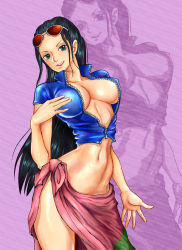 Rule 34 | 1girl, black hair, blue eyes, blue shirt, breasts, breasts apart, bursting breasts, center opening, collarbone, covered erect nipples, cowboy shot, crop top, eyewear on head, female focus, glasses, hair slicked back, hand up, large breasts, long hair, looking at viewer, lowleg, midriff, navel, nico robin, no bra, no panties, one piece, open clothes, open mouth, open shirt, pink skirt, sarong, shiny clothes, shiny skin, shirt, short sleeves, side slit, skirt, smile, solo, sunglasses, unzipped, yunbou, zipper, zoom layer