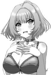Rule 34 | 1girl, bare shoulders, blush, bra, breasts, cleavage, collar, collarbone, covered erect nipples, fang, furrowed brow, greyscale, hair intakes, hands on own chest, hands up, heart-shaped lock, highres, idolmaster, idolmaster cinderella girls, large breasts, looking up, monochrome, no shirt, open mouth, short hair, signature, simple background, solo, tareme, tongue, underwear, upper body, vzmk2, wavy mouth, white background, yumemi riamu