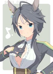 Rule 34 | &gt;:), 1girl, absurdres, ahoge, black gloves, black hair, black jacket, blue eyes, blush, breasts, center frills, closed mouth, collared shirt, dated, dress shirt, eighth note, frills, fuji kiseki (umamusume), furai sachi, gloves, grey background, grey hair, half gloves, highres, jacket, long sleeves, looking at viewer, medium breasts, multicolored hair, musical note, open clothes, open jacket, open shirt, shirt, smile, solo, streaked hair, two-tone background, umamusume, v-shaped eyebrows, white background, white shirt