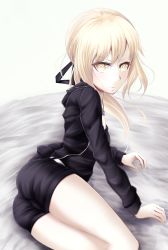 Rule 34 | 1girl, artist request, artoria pendragon (all), artoria pendragon (fate), ass, bed, blonde hair, blush, bow, breasts, cameltoe, fate/grand order, fate (series), hood, hoodie, jacket, long hair, looking at viewer, lying, on side, ponytail, saber (fate), saber alter, short shorts, shorts, sideboob, solo, yellow eyes