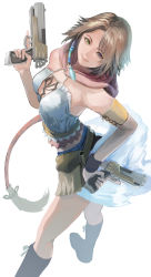 Rule 34 | 1girl, bare shoulders, blue eyes, boots, breasts, brown hair, closed mouth, commentary request, dual wielding, final fantasy, final fantasy x, final fantasy x-2, from above, gauss &lt;bokashi, green eyes, gun, hair ornament, hand on own hip, handgun, heterochromia, highres, holding, holding weapon, hood, hood down, knee boots, lips, long hair, looking at viewer, low-tied long hair, low ponytail, medium breasts, simple background, sleeveless, smile, thighs, trigger discipline, weapon, white background, yuna (ff10)