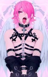 Rule 34 | 1boy, angel wings, bad id, bad pixiv id, bare shoulders, blue wings, chain, chest harness, collar, collarbone, commentary, cross, crucifix, ear piercing, earrings, fishnets, goth fashion, gothic, hair over one eye, halo, harness, highres, jewelry, lip piercing, looking at viewer, male focus, mazamuno, o-ring, open mouth, original, pants, piercing, pink eyes, pink hair, sharp teeth, short hair, signature, solo, tattoo, teeth, tongue, tongue out, tongue piercing, topless male, undressing, v arms, wings