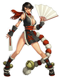Rule 34 | alternate costume, alternate hairstyle, armband, black hair, breasts, cleavage, dual wielding, folded fan, folding fan, gloves, hand fan, holding, japanese clothes, large breasts, lipstick, makeup, ninja, red eyes, scarf, shiranui mai, short hair, simple background, snk, stanley lau, the king of fighters