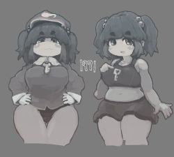 Rule 34 | 1girl, :d, bad id, bad twitter id, belly, bergehetzer, black panties, blouse, blush stickers, breasts, crop top, curvy, hat, kawashiro nitori, key, large breasts, midriff, muted color, navel, open mouth, panties, plump, shirt, short hair, skirt, smile, thick eyebrows, thick thighs, thigh gap, thighs, touhou, two side up, underwear