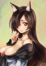 Rule 34 | 1girl, animal ears, bare shoulders, breasts, brooch, brown hair, cleavage, fang, fang out, from side, hair over one eye, imaizumi kagerou, jewelry, large breasts, long hair, looking at viewer, off shoulder, red eyes, solo, touhou, upper body, wolf ears, yohane