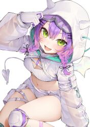 Rule 34 | 1girl, absurdres, belt, breasts, cleavage, cleavage cutout, clothing cutout, crop top, cropped hoodie, demon tail, demon wings, fangs, gloves, goggles, goggles on head, green eyes, highres, hololive, hood, hood up, hoodie, izumi kei, knee pads, knee up, long hair, long sleeves, looking at viewer, micro shorts, midriff, mini wings, multicolored hair, navel, official alternate costume, open mouth, piercing, ponytail, purple hair, ribbed shirt, ribbon, see-through, see-through sleeves, shirt, shorts, slit pupils, small breasts, smile, socks, solo, stomach, streaked hair, tail, thigh strap, thighs, tokoyami towa, tokoyami towa (5th costume), two-tone gloves, two-tone hair, very long hair, virtual youtuber, white gloves, white ribbon, white shirt, white shorts, wings