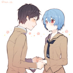 Rule 34 | 1boy, 1girl, ayanami rei, bad id, bad pixiv id, black neckwear, blue eyes, blush, brown hair, brown jacket, brown sailor collar, brown serafuku, brown shirt, brown skirt, character request, closed mouth, collarbone, facing another, hair between eyes, holding hands, ikeuchi tanuma, jacket, looking at another, neon genesis evangelion, pleated skirt, red eyes, sailor collar, school uniform, serafuku, shirt, short hair, skirt, twitter username, white background