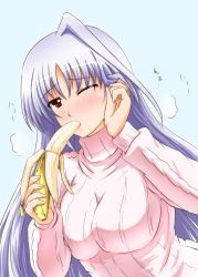 Rule 34 | 1girl, banana, blush, breasts, diesel-turbo, eating, female focus, food, fruit, impossible clothes, impossible sweater, large breasts, long hair, long sleeves, lyrical nanoha, mahou shoujo lyrical nanoha, mahou shoujo lyrical nanoha a&#039;s, one eye closed, reinforce, ribbed sweater, sexually suggestive, silver hair, single hair intake, solo, sweater, turtleneck, wink