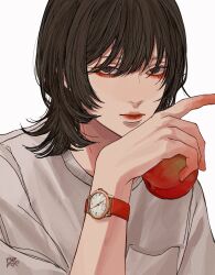 Rule 34 | 1boy, androgynous, apple, bishounen, black hair, breast pocket, brown eyes, closed mouth, food, fruit, hand up, highres, holding, holding food, holding fruit, kagoya1219, lia kulea, long bangs, looking at viewer, male focus, original, pocket, red apple, shirt, signature, simple background, solo, upper body, watch, white background, white shirt, wristwatch