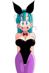 Rule 34 | 1girl, :o, animal ears, arms behind back, bare shoulders, blue eyes, bow, bowtie, breasts, bulma, cleavage, detached collar, dragon ball, dragon ball (classic), fake animal ears, feet out of frame, female focus, green hair, groin, happy, highres, large breasts, legs, leotard, long hair, looking at viewer, open mouth, pantyhose, playboy bunny, rabbit ears, simple background, smile, solo, standing, thigh gap, thighs, transparent background, yamamoto doujin