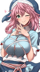 Rule 34 | 1girl, ;), akehi yuki, blue headwear, blue skirt, breasts, button gap, cleavage, closed mouth, commentary, green eyes, heart, large breasts, looking at viewer, medium hair, okunoda miyoi, one eye closed, own hands together, pink hair, short sleeves, simple background, skirt, smile, solo, symbol-only commentary, touhou, upper body, whale hat, white background