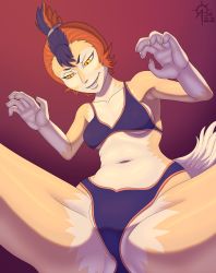 Rule 34 | 1girl, absurdres, bra, breasts, claws, colored skin, facial mark, fangs, highres, multicolored hair, multicolored skin, navel, panties, sacrificabominat, tail, thundercats, two-tone hair, two-tone skin, underwear, wilykit, yellow eyes