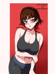 Rule 34 | 1girl, abs, alternate breast size, alternate costume, annoyed, arm under breasts, bare shoulders, black pants, black sports bra, blush, border, braid, breasts, brown hair, cleavage, collarbone, english text, highres, hyper.rxgue, large breasts, looking at viewer, midriff, navel, niijima makoto, open mouth, pants, persona, persona 5, red eyes, short hair, solo, sports bra, stomach, thigh gap, v-shaped eyebrows, white border, yoga pants