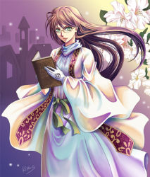 Rule 34 | 1girl, book, brown hair, dress, flower, glasses, gloves, gradient background, green eyes, house, kisaragi seika, lily (flower), looking at viewer, original, ribbon, robe, signature, solo, white gloves
