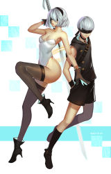 Rule 34 | 1boy, 1girl, artist name, backpack, bag, bare shoulders, belt, belt buckle, black footwear, black neckwear, black shorts, black socks, blindfold, boots, breasts, brown gloves, brown socks, buckle, choker, cleavage, collarbone, commentary, covered navel, full body, gatorix, gloves, groin, hair over eyes, hands in pockets, high heel boots, high heels, highleg, highleg leotard, holding, holding sword, holding weapon, hood, hoodie, katana, kneehighs, leg up, leotard, looking at viewer, medium breasts, mole, mole under mouth, nier (series), nier:automata, nose, parted lips, red lips, shoes, short hair, shorts, silver hair, skin tight, skindentation, sleeveless, sleeveless hoodie, smile, socks, standing, standing on one leg, strap, strapless, strapless leotard, sword, tassel, thighhighs, weapon, white leotard, 2b (nier:automata), 9s (nier:automata)
