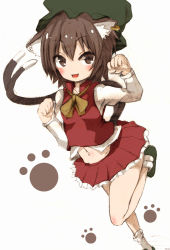 Rule 34 | 1girl, :d, animal ears, animal hands, ascot, bare legs, blush, brown eyes, brown hair, cat ears, cat paws, cat tail, chen, clenched hands, earrings, frilled skirt, frills, full body, hair between eyes, hat, jewelry, kihuzinz, long sleeves, long tail, looking at viewer, mary janes, matching hair/eyes, midriff, miniskirt, mob cap, multiple tails, navel, open mouth, paw pose, pleated skirt, red skirt, red vest, shoes, short hair, simple background, single earring, sketch, skirt, smile, socks, solo, standing, standing on one leg, tail, touhou, tsurime, two tails, vest, white background, yellow ascot