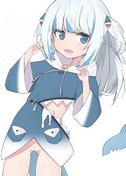 Rule 34 | 1girl, :d, animal costume, blue eyes, blue hair, blue hoodie, blue nails, blunt bangs, blush, claw pose, cleft of venus, cp2980606, female focus, fins, fish bone, fish tail, gawr gura, hair ornament, highres, hololive, hololive english, hood, hoodie, long hair, long sleeves, looking at viewer, multicolored hair, nail polish, no panties, open mouth, pussy, shark costume, shark tail, sharp teeth, sidelocks, silver hair, simple background, smile, solo, standing, streaked hair, tail, teeth, two side up, uncensored, virtual youtuber, white background