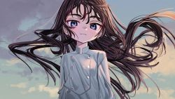 Rule 34 | 1girl, blue eyes, blush, brown hair, cloud, coat, elisia valfelto, floating hair, highres, long hair, looking at viewer, luicent, original, outdoors, sketch, sky, smile, solo, upper body, white coat