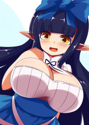 Rule 34 | 1girl, adapted costume, alternate breast size, blue dress, blue hair, blue ribbon, breasts, dress, fairy, fairy wings, gero zoukin, highres, huge breasts, oppai loli, pointy ears, ribbon, solo, star sapphire, touhou, wings, yellow eyes