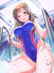 Rule 34 | 10s, 1girl, :d, bare arms, bare legs, blue one-piece swimsuit, blurry, blush, breasts, brown eyes, brown hair, cameltoe, competition swimsuit, covered navel, depth of field, eyebrows, fingernails, from below, gel (chiericyan), highleg, highleg swimsuit, idolmaster, idolmaster cinderella girls, leg up, long hair, looking at viewer, looking down, matching hair/eyes, medium breasts, nitta minami, one-piece swimsuit, open mouth, pool ladder, smile, solo, swimsuit, very long hair, water drop, wet, wet clothes, wet swimsuit