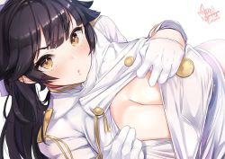 Rule 34 | 1girl, aiguillette, azur lane, bad id, bad twitter id, black hair, blush, bow, breasts, cleavage, from above, hair bow, hair flaps, highres, large breasts, long hair, looking at viewer, mappaninatta, military, military uniform, open mouth, ponytail, solo, takao (azur lane), uniform, white bow, yellow eyes