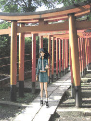 Rule 34 | 00s, 1girl, amasawa yuuko, arm at side, black footwear, black hair, blue jacket, blue skirt, boots, cross-laced footwear, day, dennou coil, floating hair, hikai, jacket, kneehighs, lace-up boots, legs apart, long sleeves, looking at viewer, multiple torii, open clothes, open jacket, outdoors, outstretched arm, pavement, photo background, reaching, shade, skirt, socks, solo, standing, torii, tree, unbuttoned, white socks