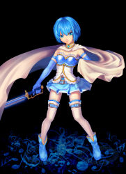 Rule 34 | 10s, 1girl, black background, blue eyes, blue hair, cape, elbow gloves, gloves, inanna123, magical girl, mahou shoujo madoka magica, mahou shoujo madoka magica (anime), matching hair/eyes, miki sayaka, musical note, short hair, solo, thighhighs, white thighhighs