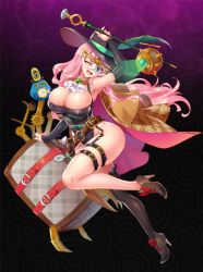 Rule 34 | bag, blue eyes, breasts, cape, cavalier hat, cleavage, curvy, hat, heels, large breasts, leotard, long hair, mask, pink hair, pqt, qtenka, single thighhigh, staff, stopwatch, thick thighs, thighhighs, thighs, watch